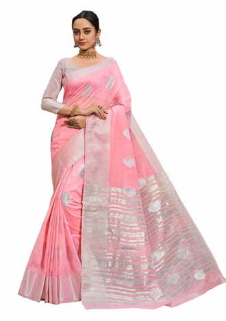 MGC Linen  With Silver Zari  Pink Colour Saree With Blouse Piece Sp500