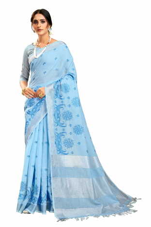 MGC Pure Linen Ebroidery  Firoji Colour Saree With Blouse Piece Sp557