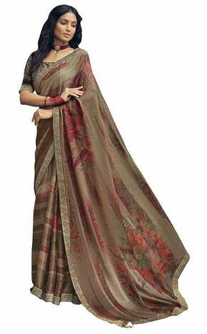 MGC Moss Chiffon Brown colour saree with blouse piece SP846