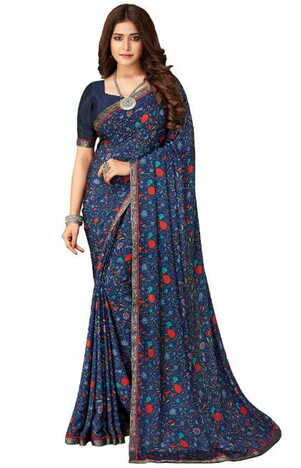 Crepe Silk Navy Color Saree With Blouse Piece by MGC