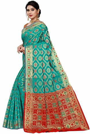 MGC Jacquard Silk Turquoise Colour Saree With Blouse PieceSP389