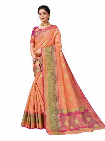 MGC Mercerised Cotton Silk  Peech Colour Saree With Blouse Piece Sp555