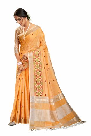 MGC Pure Linen Ebroidery  Orange Colour Saree With Blouse Piece Sp556