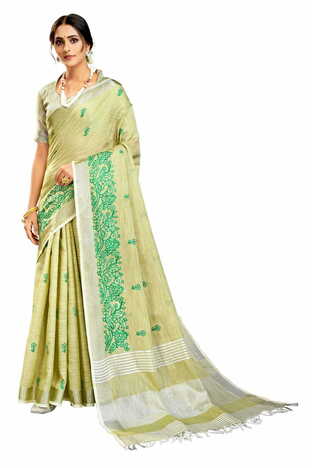 MGC Pure Linen Ebroidery  Pista Green Colour Saree With Blouse Piece Sp558