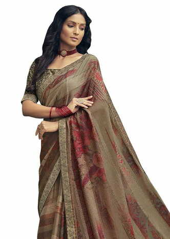 MGC Moss Chiffon Brown colour saree with blouse piece SP846