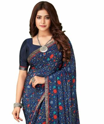 Crepe Silk Navy Color Saree With Blouse Piece by MGC