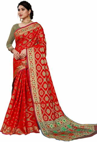 MGC Jacquard Silk Red Colour Saree With Blouse PieceSP390