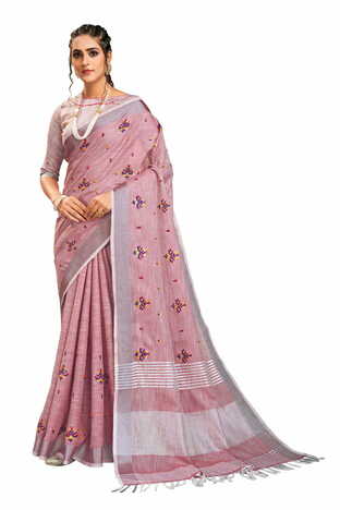 MGC Pure Linen Ebroidery  Magenta Colour Saree With Blouse Piece Sp559