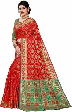 MGC Jacquard Silk Red Colour Saree With Blouse PieceSP390