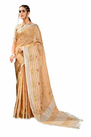 MGC Pure Linen Ebroidery  Brown Colour Saree With Blouse Piece Sp560