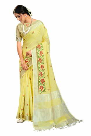 MGC Pure Linen Ebroidery  Yellow Colour Saree With Blouse Piece Sp564