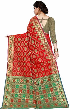 MGC Jacquard Silk Red Colour Saree With Blouse PieceSP390