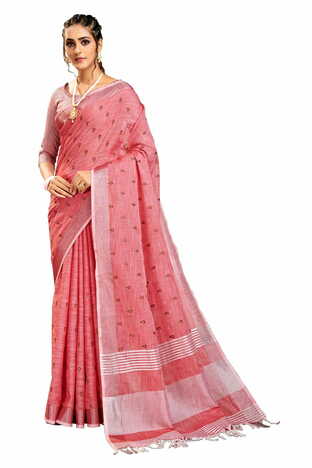 MGC Pure Linen Ebroidery  Gajri Colour Saree With Blouse Piece Sp561