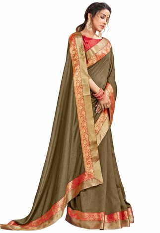 Vichitra Silk Khaki Color Saree With Blouse Piece by MGC