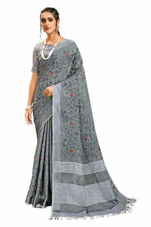 MGC Pure Linen Ebroidery  Grey Colour Saree With Blouse Piece Sp562