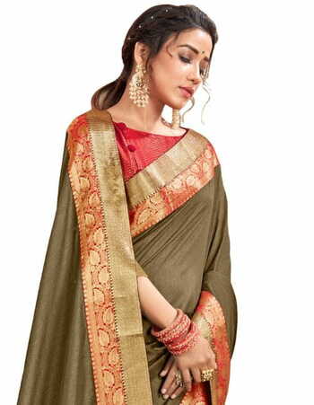 Vichitra Silk Khaki Color Saree With Blouse Piece by MGC