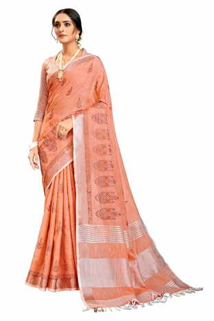 MGC Pure Linen Ebroidery  Peech Colour Saree With Blouse Piece Sp563