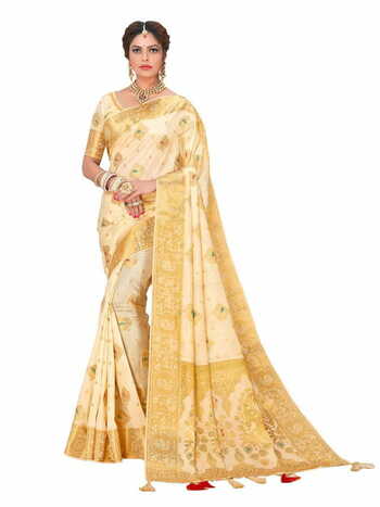 MGC Soft Silk Rich Pallu With Meena Cream Colour Saree With Blouse Piece Sp566