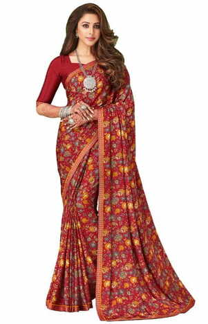Crepe Silk Red Color Saree With Blouse Piece by MGC