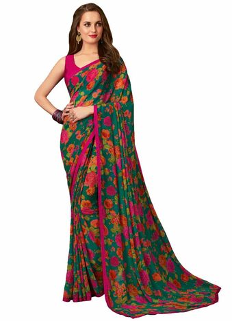 MGC Georgette Green Colour saree with blouse Piece  SP241