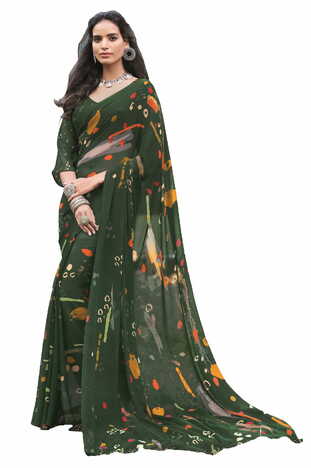 MGC Georgette Green Colour saree with blouse Piece  SP227