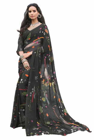 MGC Georgette Black Colour saree with blouse Piece  SP228