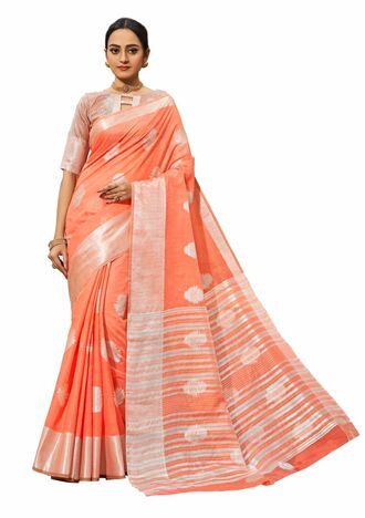 MGC Linen  With Silver Zari  Peach Colour Saree With Blouse Piece Sp504