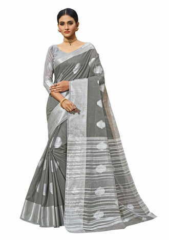 MGC Linen  With Silver Zari  Grey Colour Saree With Blouse Piece Sp501