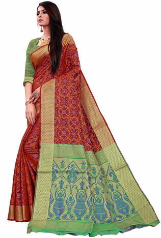 MGC Patola Silk Maroon Colour saree with blouse piece SP323