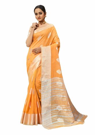 MGC Linen  With Silver Zari  Orange Colour Saree With Blouse Piece Sp502