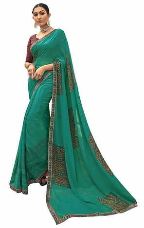 MGC Pure Georgette Dark Green colour saree with blouse piece SP760