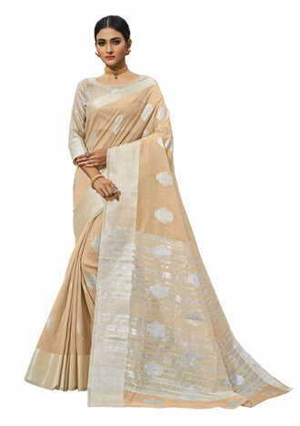 MGC Linen  With Silver Zari  Chikoo Colour Saree With Blouse Piece Sp503