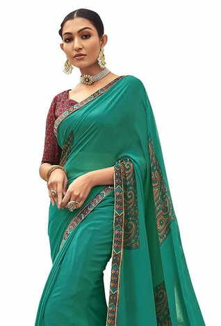 MGC Pure Georgette Dark Green colour saree with blouse piece SP760