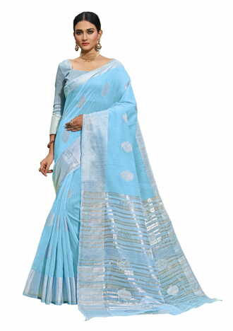 MGC Linen  With Silver Zari  Sky Blue Colour Saree With Blouse Piece Sp505