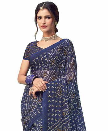 Chiffon Navy Color Saree With Blouse Piece by MGC