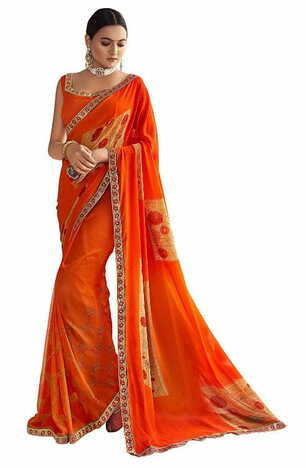 MGC Pure Georgette Dark Orange colour saree with blouse piece SP761