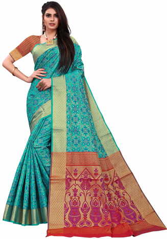 MGC Patola Silk Turquoise Colour saree with blouse piece SP324