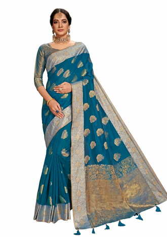 MGC Fancy Cotton Silk  Blue Colour Saree With Blouse Piece Sp513