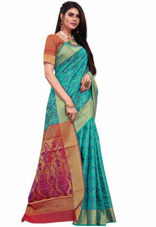 MGC Patola Silk Turquoise Colour saree with blouse piece SP324