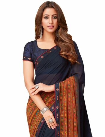 MGC Georgette Navy Blue colour saree with blouse piece SP1010