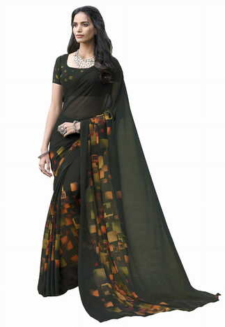 MGC Georgette Green Colour saree with blouse Piece  SP221