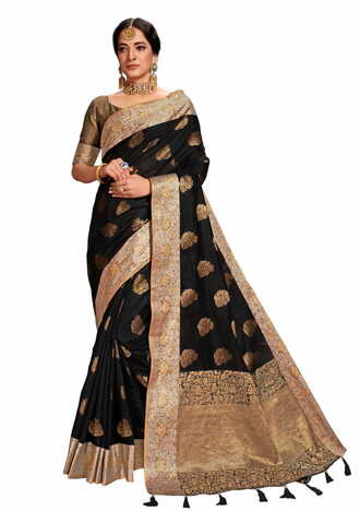 MGC Fancy Cotton Silk  Black Colour Saree With Blouse Piece Sp515