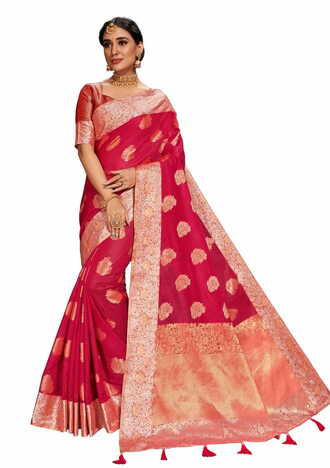 MGC Fancy Cotton Silk  Red Colour Saree With Blouse Piece Sp517