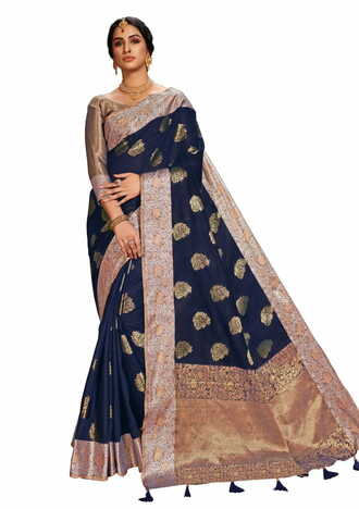 MGC Fancy Cotton Silk  Navy Blue Colour Saree With Blouse Piece Sp518