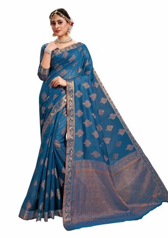 MGC Fancy Cotton  With Resham Work Blue Colour Saree With Blouse Piece Sp536