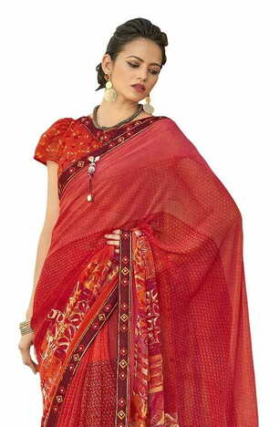 MGC Chiffon  Red  colour saree with blouse piece SP841