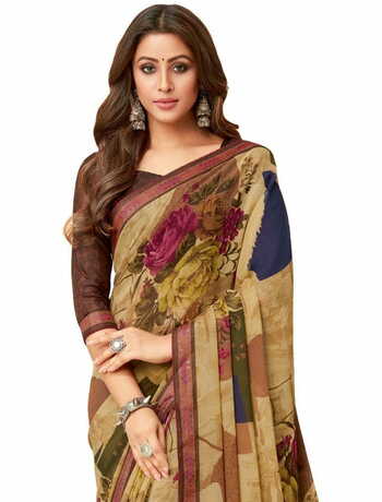 MGC Georgette Beige colour saree with blouse piece SP1016