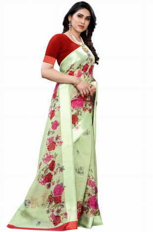 MGC Linen Green Colour saree with blouse piece SP375