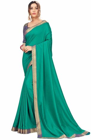 Vichitra Turquoise Color Saree With Blouse Piece by MGC