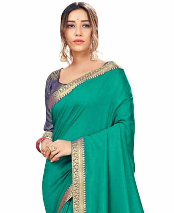 Vichitra Turquoise Color Saree With Blouse Piece by MGC